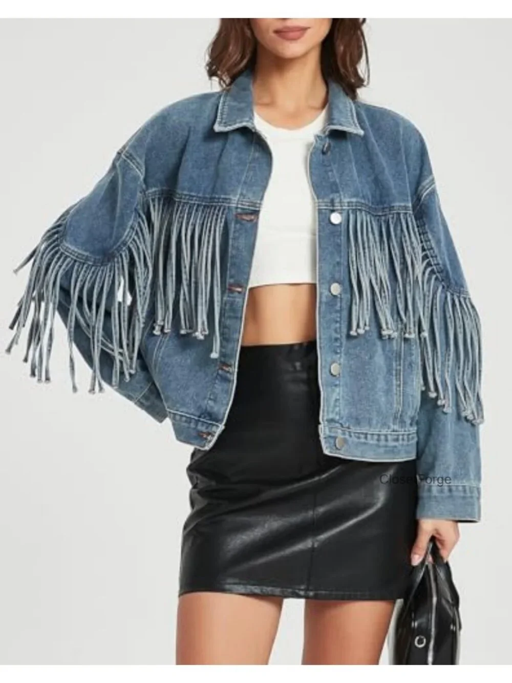 Oversized Fringed Denim Jacket Tassel Long Sleeve Western Country Concert Outfit